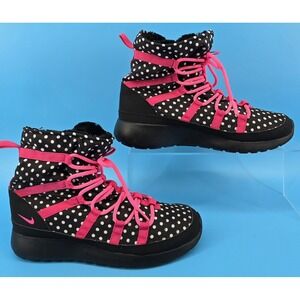 Nike Roshe One Hi Print Sneaker Boots Youth 7Y Womens 8.5 Black Pink Polka‎ Dot